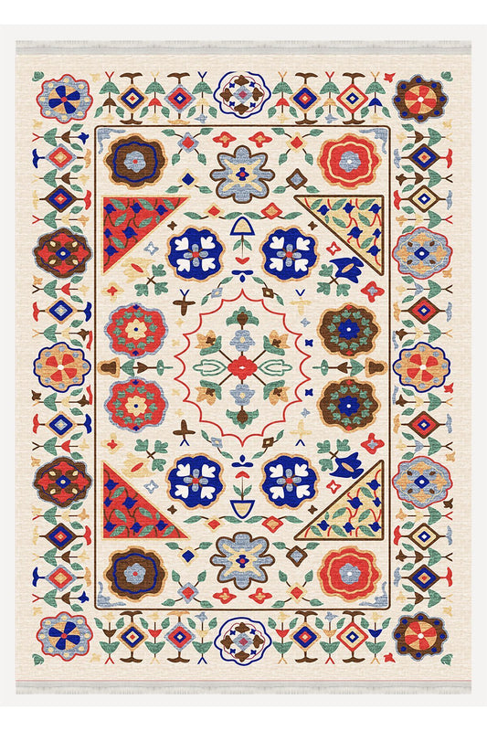 HV  2035 Renkli Klasik Desenli Yıkanabilir Dokuma Taban Salon Halısı Koridor Ve Mutfak Halısı