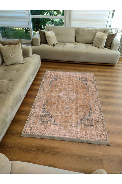 Halı Vagonu Serisi Hardal Eskitme Antika Desen Kaymaz Taban Şönil Halı