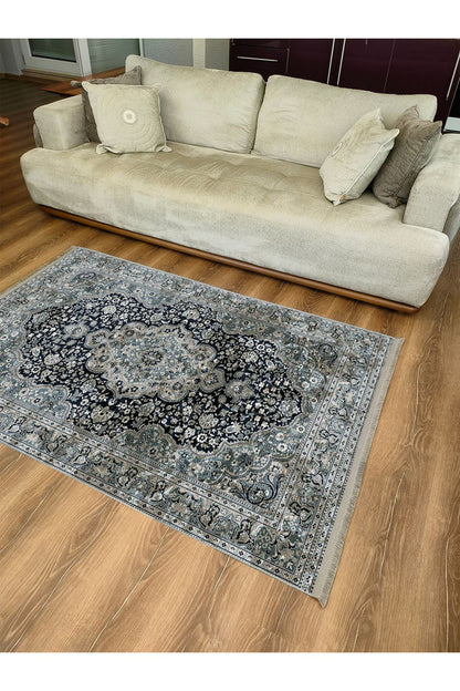 Halı Vagonu 2050 Haki Tonlarında Etnik Eskitme Pamuk  Dokuma Taban Halı