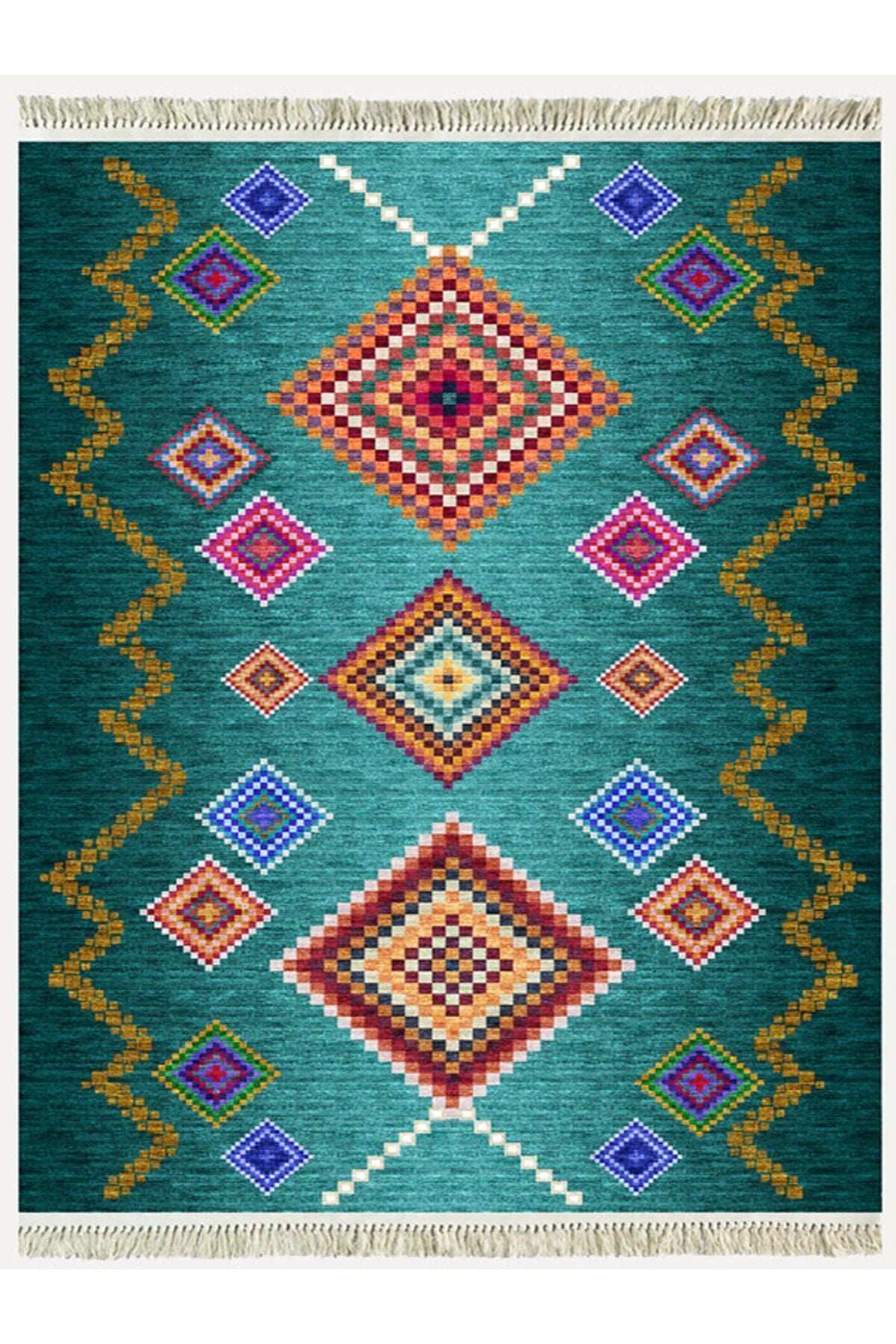 COTTON KİLİM 3669 Yeşil Tonlarında İskandinav Desenli Dekoratif Kilim