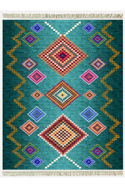 COTTON KİLİM 3669 Yeşil Tonlarında İskandinav Desenli Dekoratif Kilim