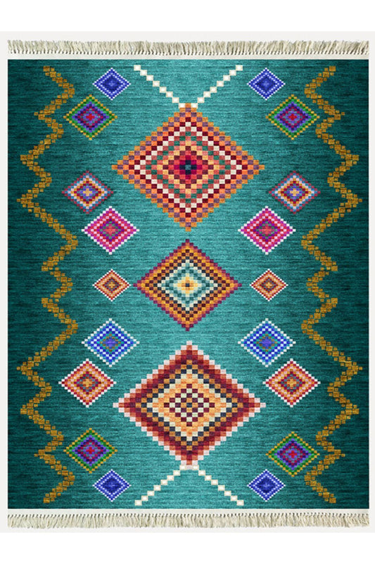 COTTON KİLİM 3669 Yeşil Tonlarında İskandinav Desenli Dekoratif Kilim