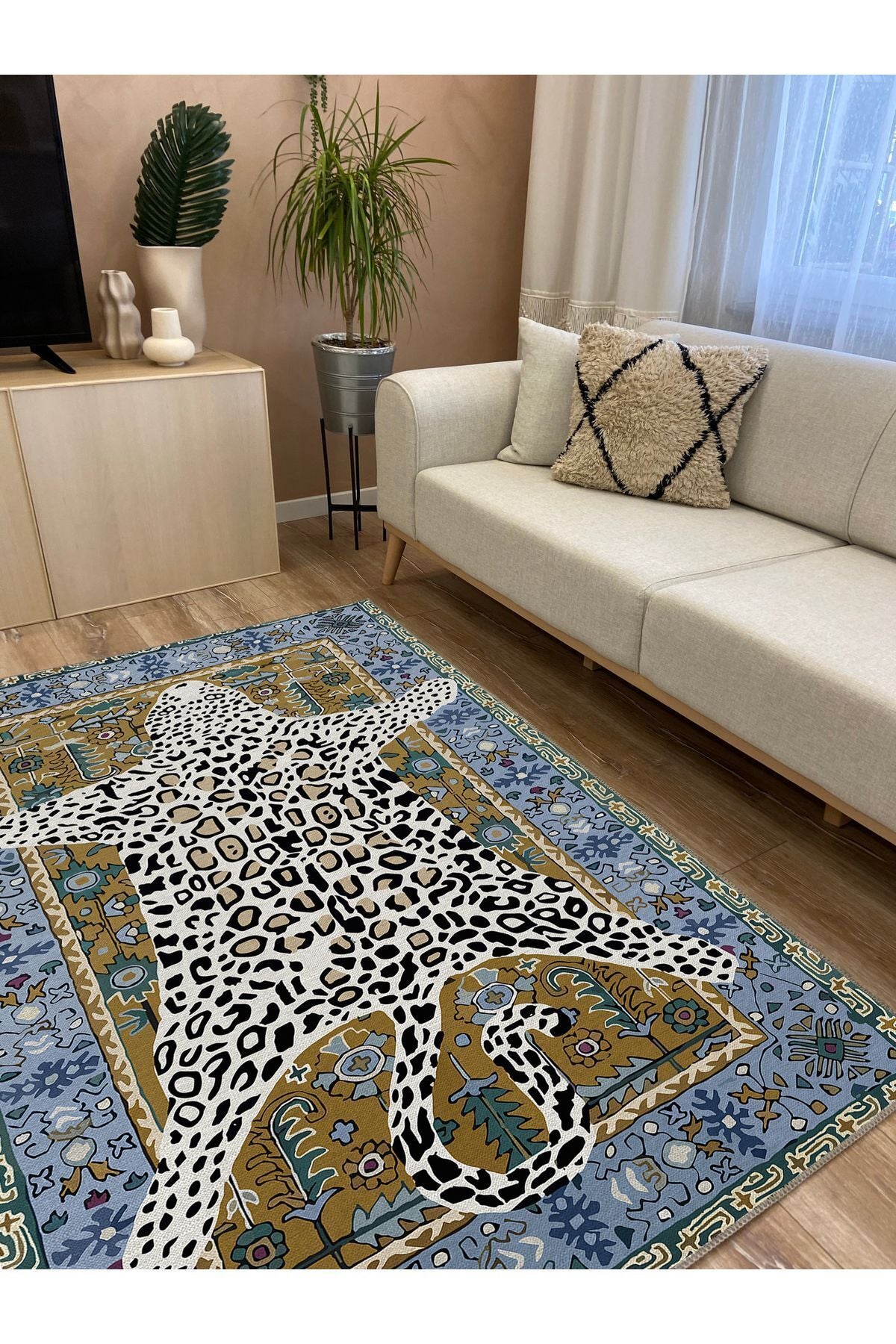 Halı Vagonu 44 Modern Stil Kaplan Post Figürlü Salon Halısı Yıkanabilen Dekoratif Halı