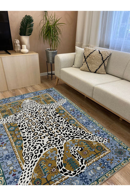 Halı Vagonu 44 Modern Stil Kaplan Post Figürlü Salon Halısı Yıkanabilen Dekoratif Halı
