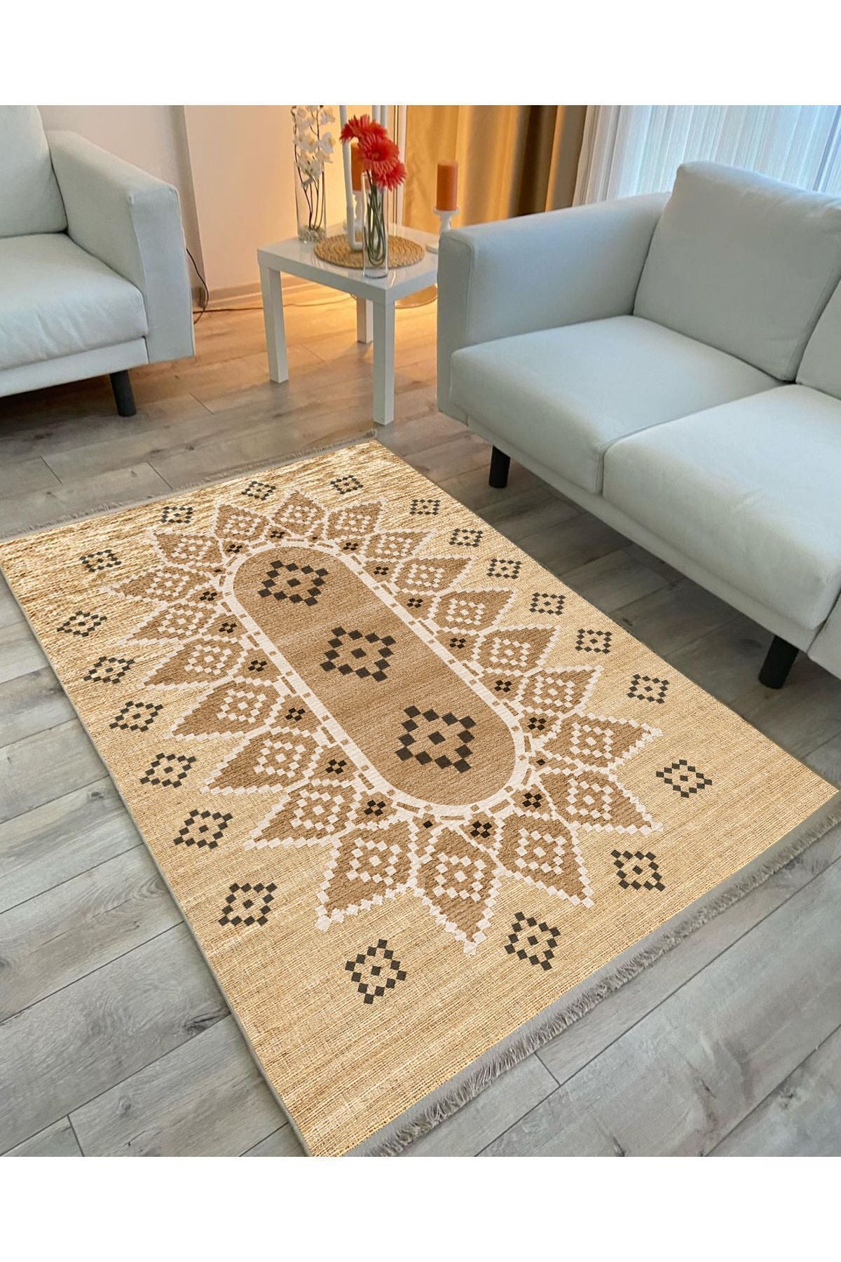 Halı Vagonu105 Jut Tonlarında Klasık Dekoratif Kilim Salon Halısı Saçaklı Yıkanabilen Halı