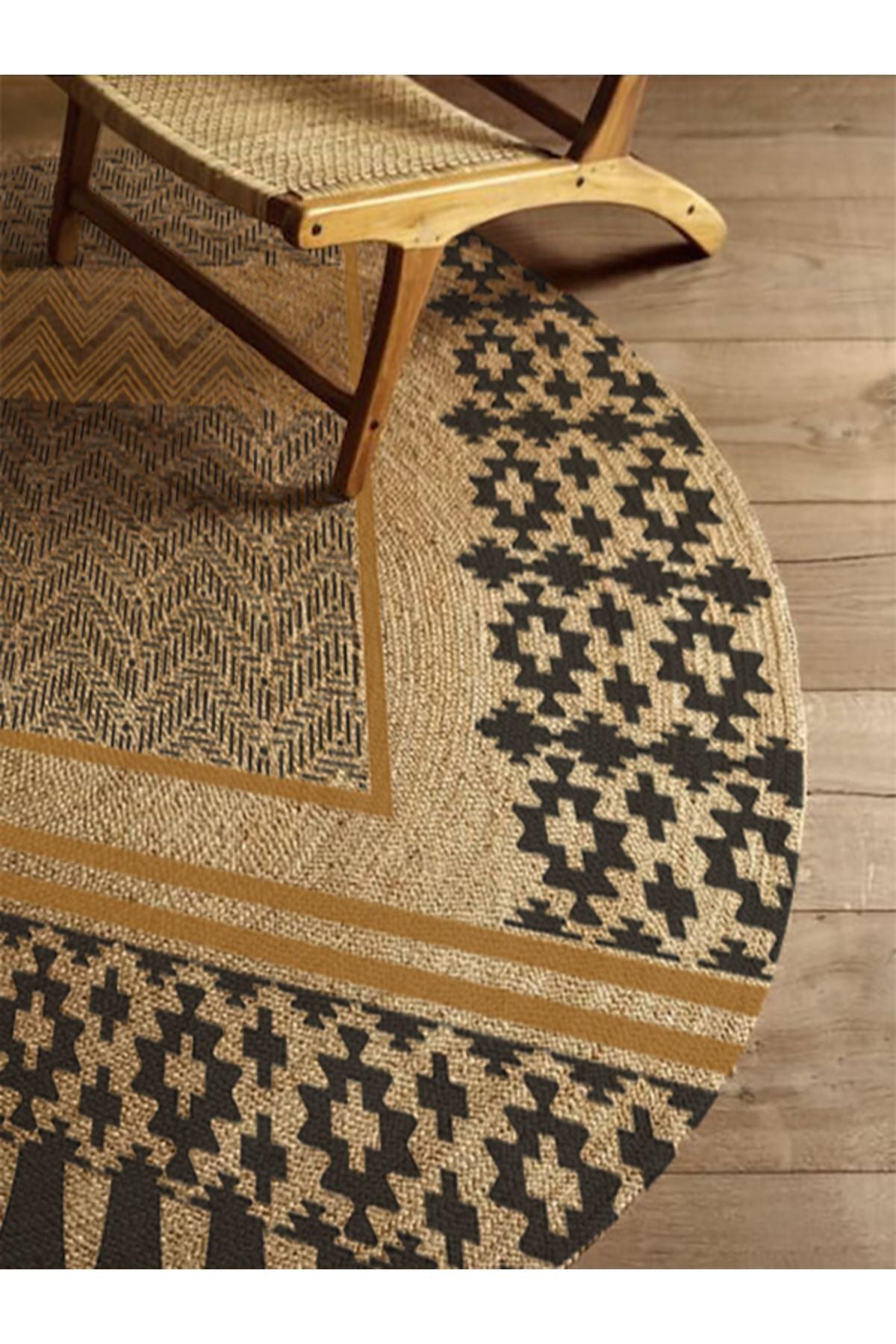 Boho 947 Geometrik Ve Etnik Baskılı Örgü Yuvarlak Natural Çift Taraflı Halı