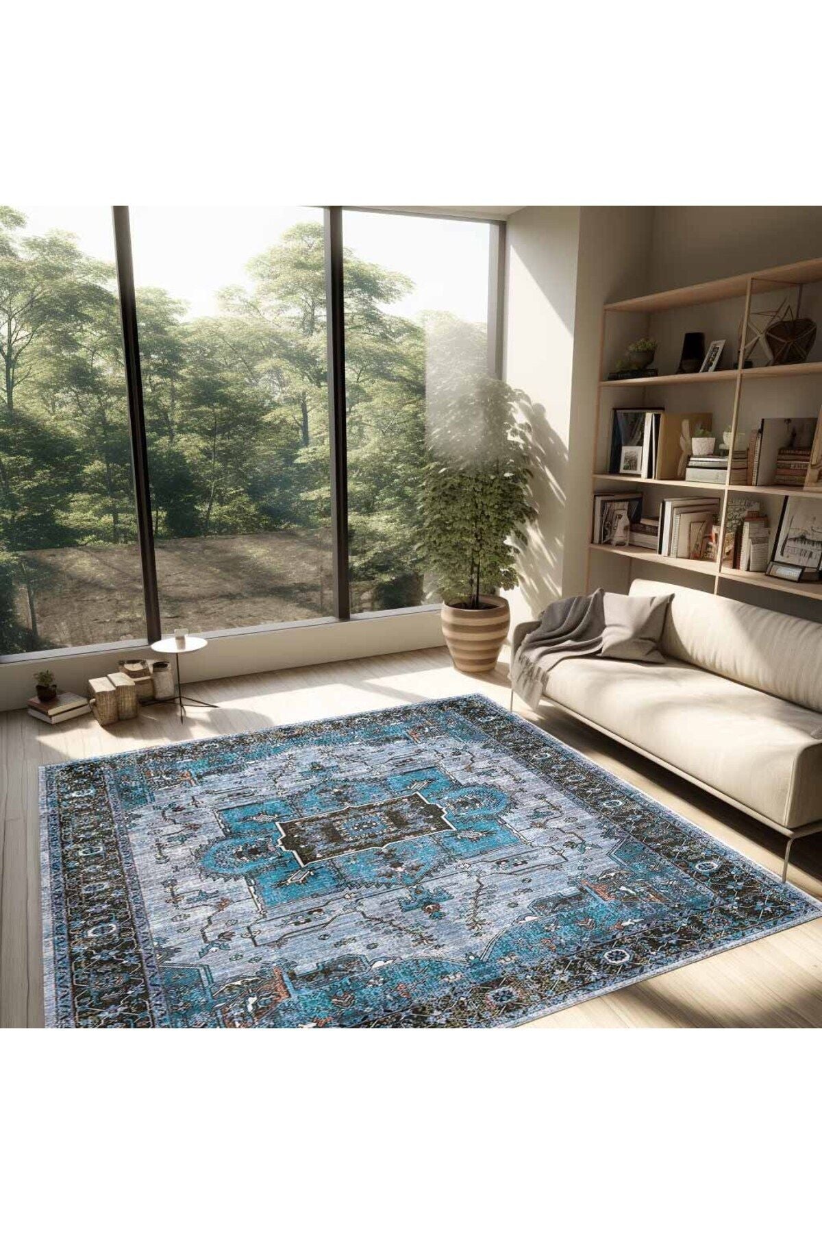 Halı Vagonu 2251 Mavi Bordürlü Modern Yıkanabilen Dokuma Taban Dekoratif Halı