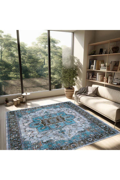 Halı Vagonu 2251 Mavi Bordürlü Modern Yıkanabilen Dokuma Taban Dekoratif Halı