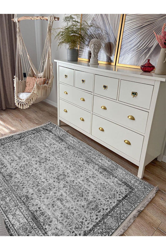 Mars 2194 Gri Antrasit Etnik Vintage Desenli Dokuma Taban Halı