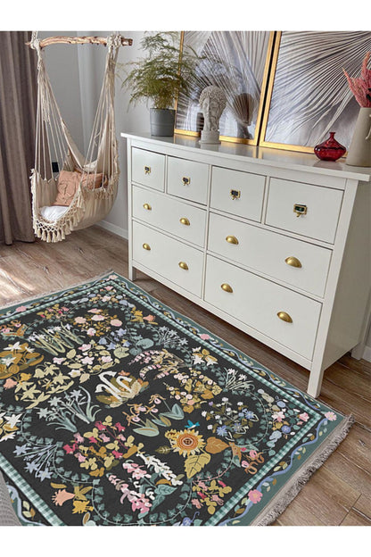 HV  2188 Yeşil Çiçek Temalı Geleneksel Motifli Etnik Desenli Yıkanabilen Saçaklı Dekoratif Halı