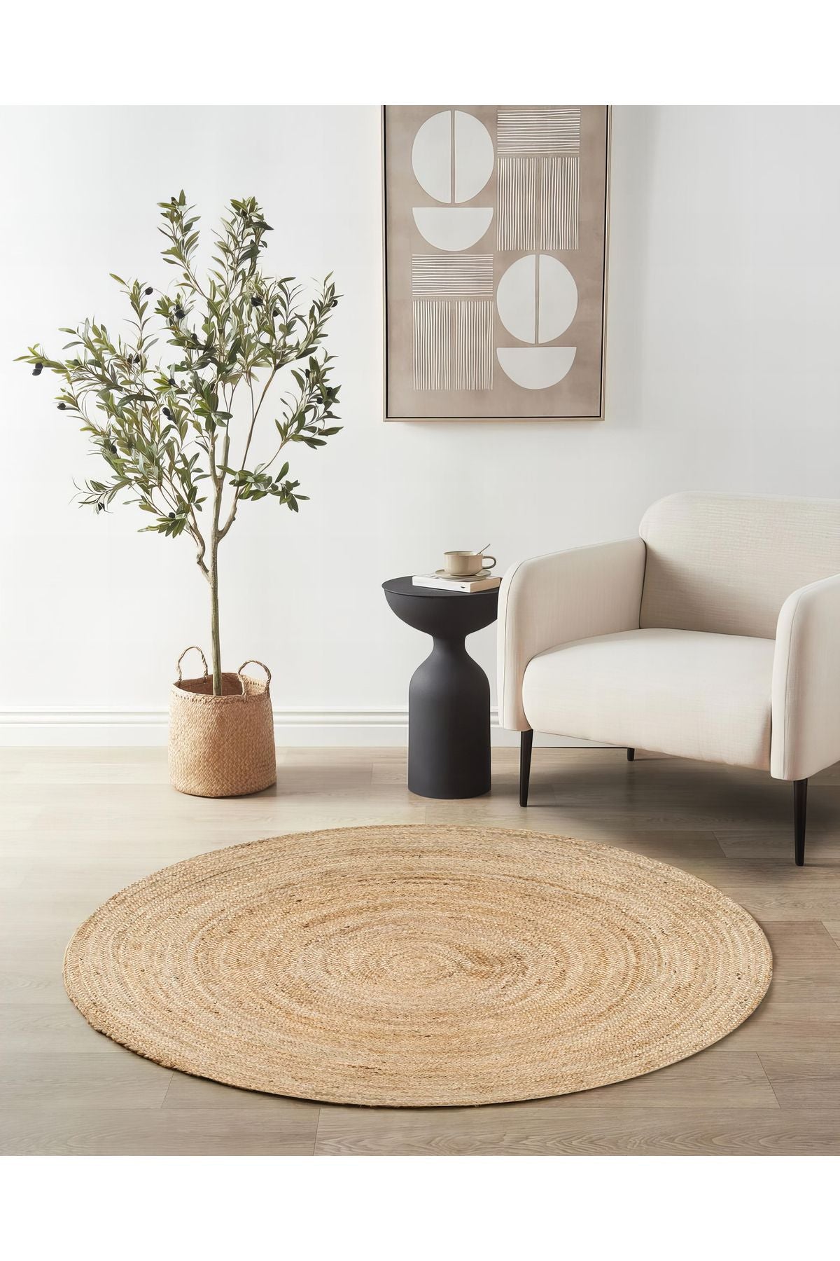 Boho 939 Doğal Hasır Jüt Desenli Örgü Yuvarlak Natural Çift Taraflı Halı