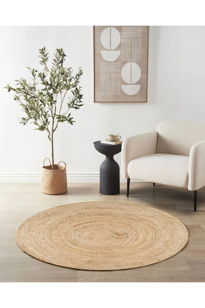 Boho 939 Doğal Hasır Jüt Desenli Örgü Yuvarlak Natural Çift Taraflı Halı