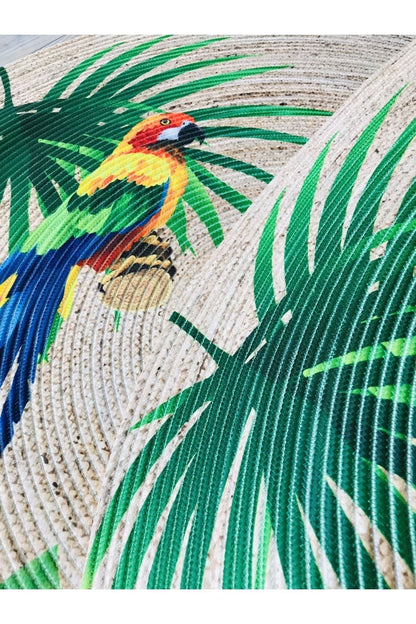 Halı Vagonu Papağan Tropikal Yuvarlak Jüt Örme Hasır Halı/Kilim HV-JH-08