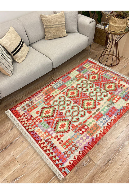 Cotton Kilim 57 Turuncu Geleneksel Motifler Modern Dekoratif Saçaklı Yıkanabilen Dokuma Kilim