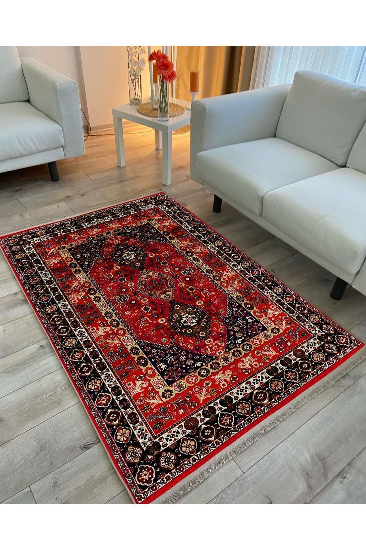 HV Halı 94 Kırmızı Ve Füme Tonlarında Klasık Dekoratif Halı Salon Halısı Saçaklı Yıkanabilen Halı