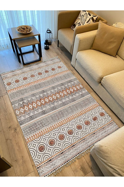 Cotton Kilim67 Multu Iskandinav Motifler Modern Dekoratif Saçaklı Yıkanabilen Dokuma Kilim