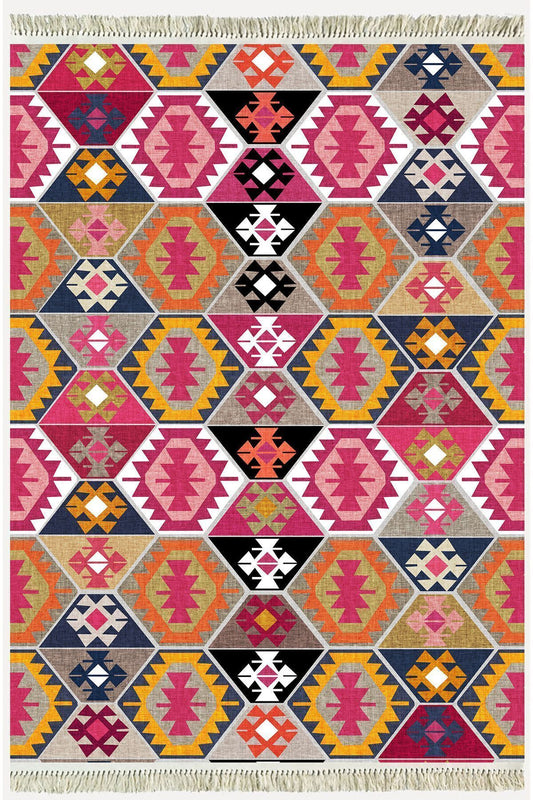 Cotton Serisi Pembe Ve Kahverengi Tonlarında Geometrik Desen Dekoratif Dokuma Taban Kilim