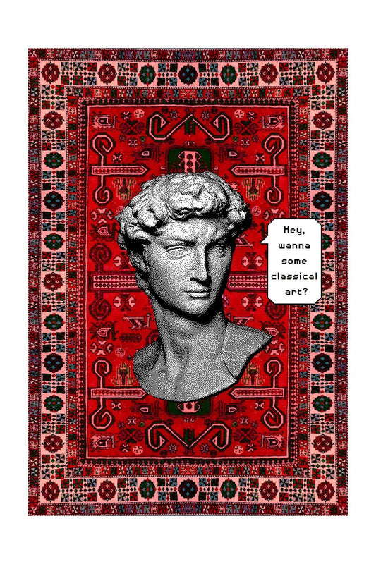 Halı Vagonu 148 Heykel Temalı Vintage Kırmızı Dokuma Taban Halı