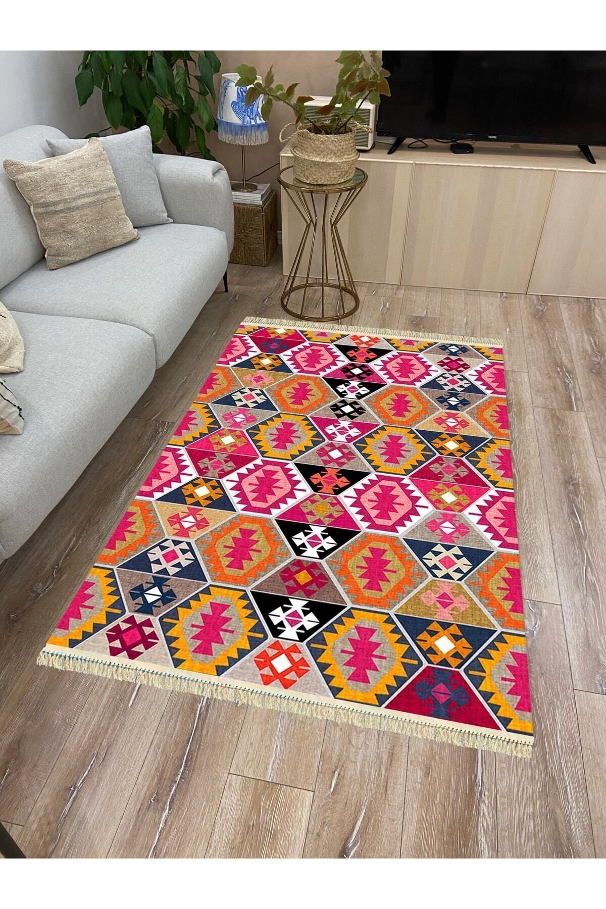 Cotton Serisi Pembe Ve Kahverengi Tonlarında Geometrik Desen Dekoratif Dokuma Taban Kilim