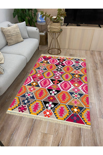 Cotton Serisi Pembe Ve Kahverengi Tonlarında Geometrik Desen Dekoratif Dokuma Taban Kilim