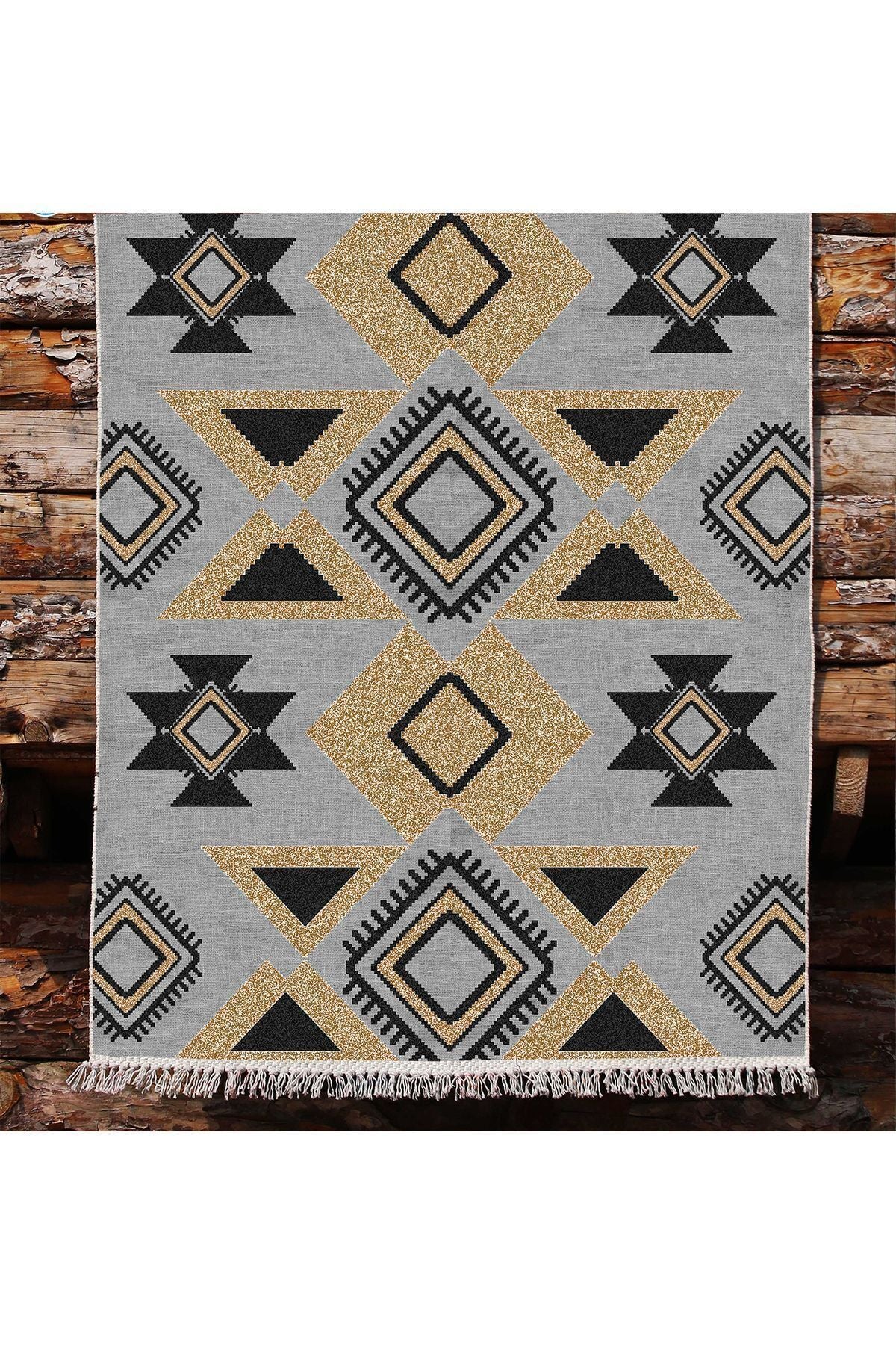Cotton Kilim 49 Gri Zeminli Geneleksel Motifler Modern Dekoratif Yıkanabilen Dokuma Kilim