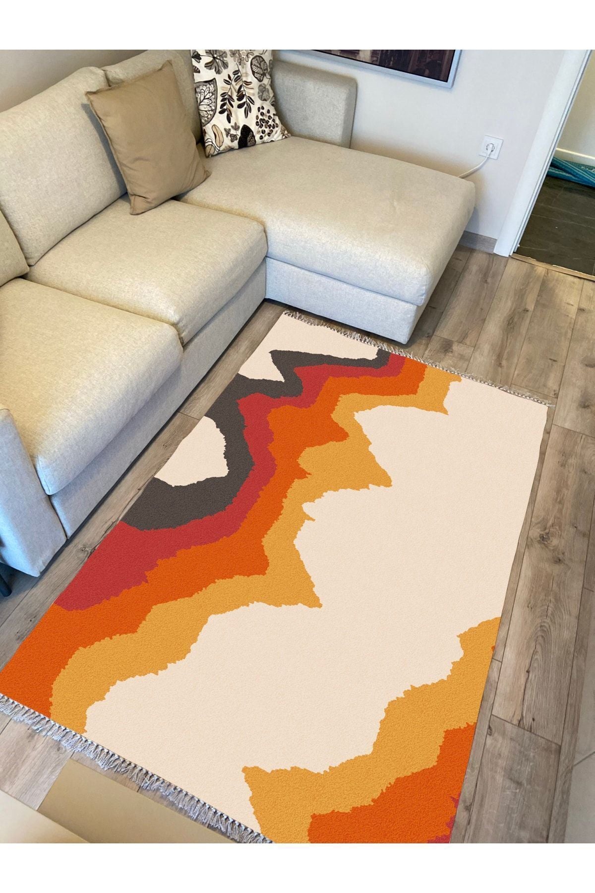 Cotton Serisi Kırmızı Tonlarında Alevli Modern Desen Dekoratif Dokuma Taban Kilim