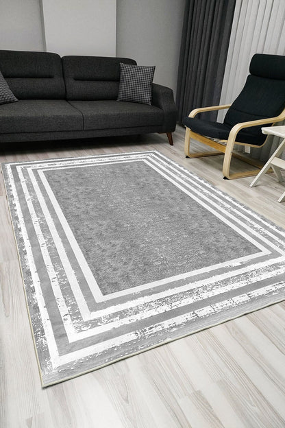 Halı Vagonu 101 Gri Desen Üzerinde Beyaz Şeritli Klasik Dekoratif Kaymaz Taban Halı