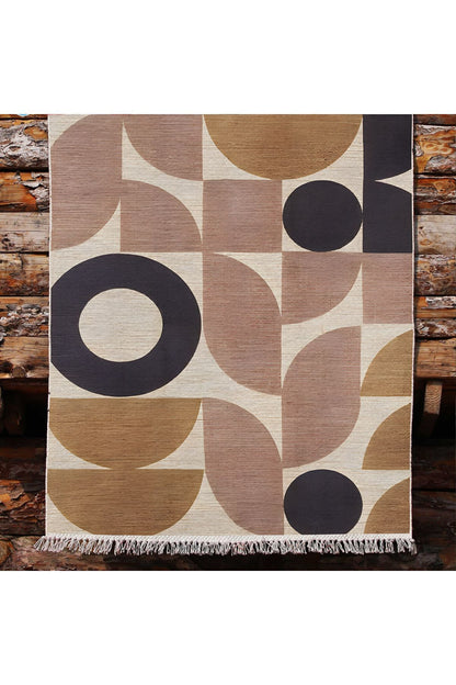 Cotton 68 Pudra Camel Ve Siyah Pastel Geometrik Desenli Dokuma Kilim