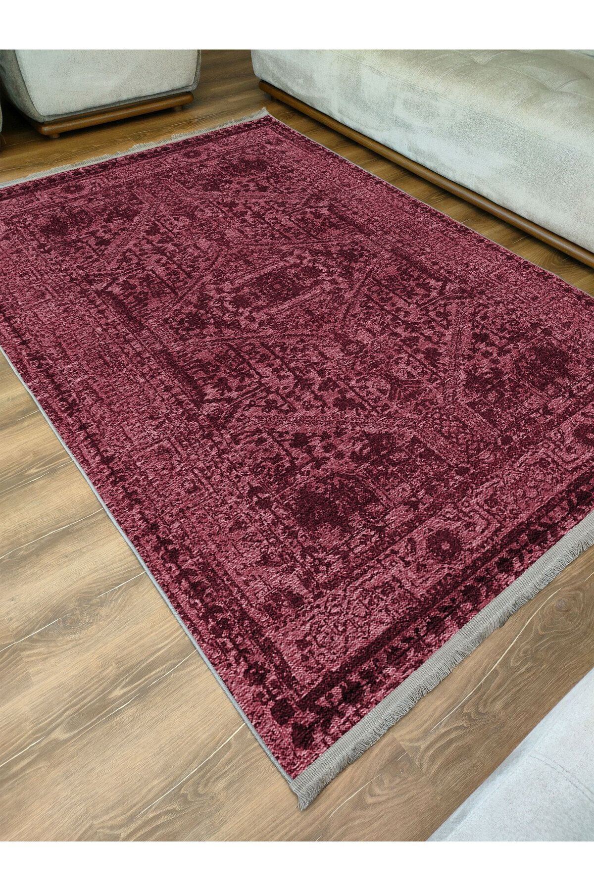 Halı Vagonu Halı 2081 Bordo Tonunda Dekoratif Halı Salon Halısı Saçaklı Yıkanabilen Halı