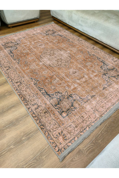 Halı Vagonu Serisi Hardal Eskitme Antika Desen Kaymaz Taban Şönil Halı