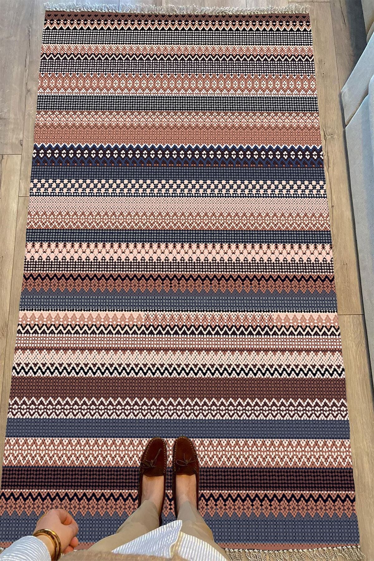 Cotton Serisi Kahve Tonlarında Zikzaklı Eskitme Otantik Etnik Desen Dekoratif Dokuma Taban Kilim