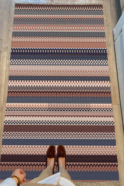 Cotton Serisi Kahve Tonlarında Zikzaklı Eskitme Otantik Etnik Desen Dekoratif Dokuma Taban Kilim