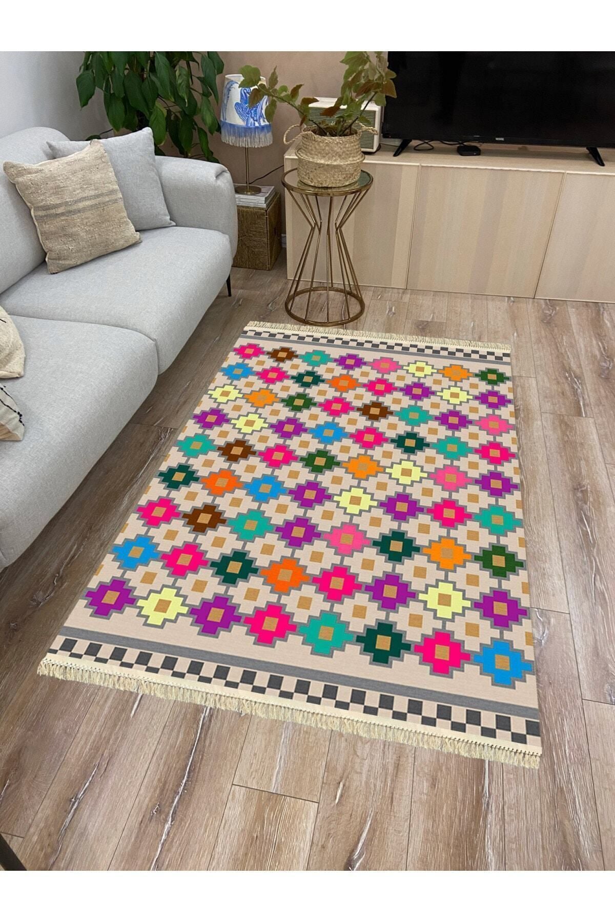 Cotton Serisi Multy Tonlarında Geometrik Baklava Desen Dekoratif Dokuma Taban Kilim