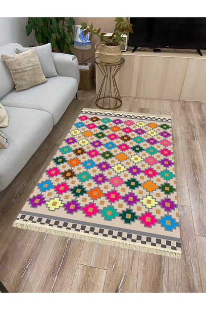 Cotton Serisi Multy Tonlarında Geometrik Baklava Desen Dekoratif Dokuma Taban Kilim