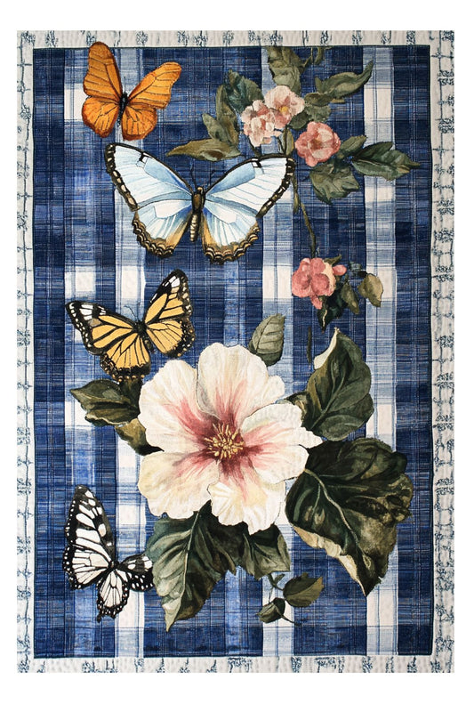 Halı Vagonu 212 Mavi Beyaz Ekose Çiçek Kelebek Figürlü Modern Dokuma Taban Dekoratif Halı