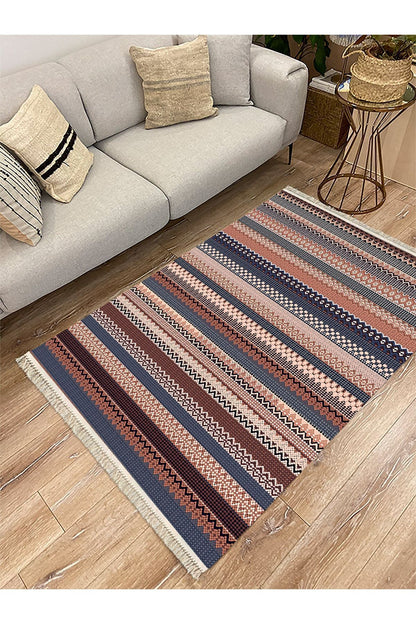 Cotton Serisi Kahve Tonlarında Zikzaklı Eskitme Otantik Etnik Desen Dekoratif Dokuma Taban Kilim