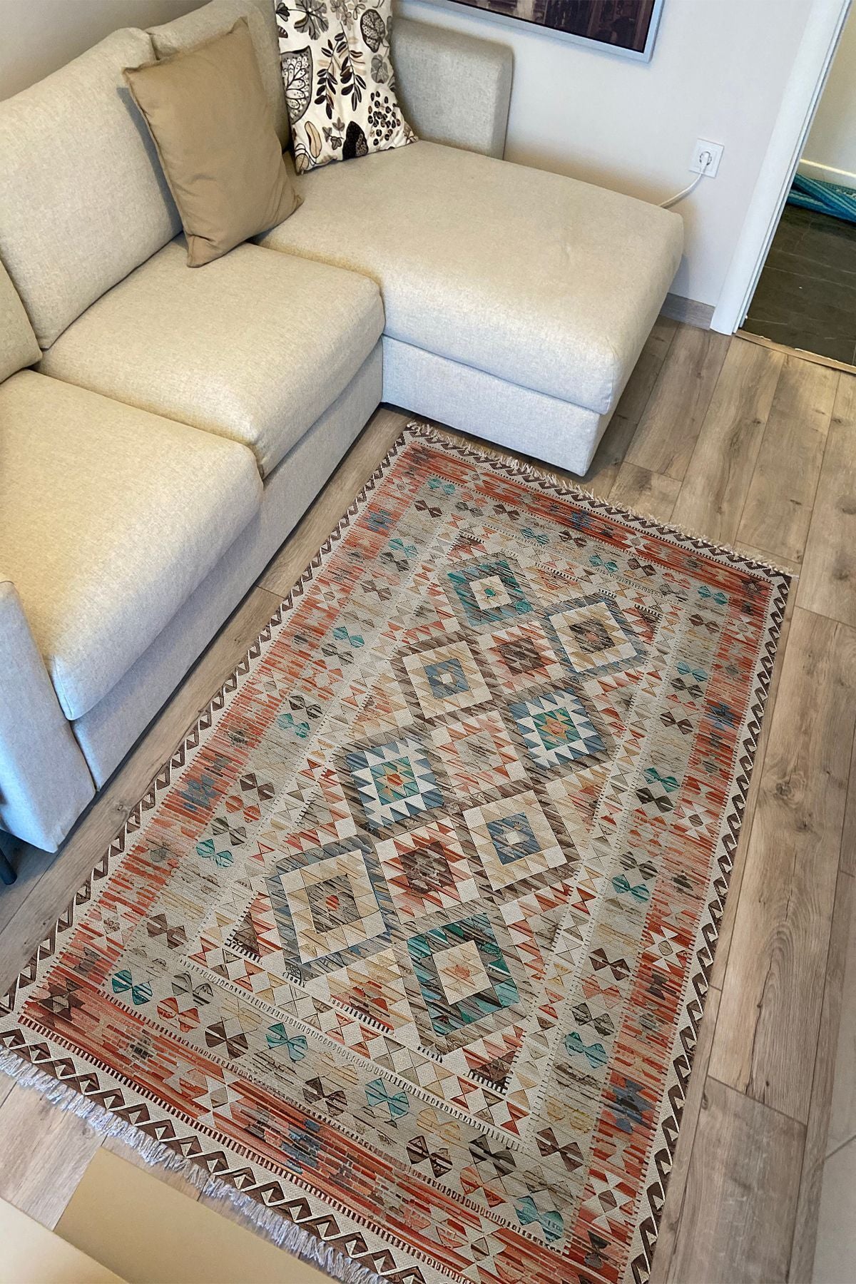 Cotton Kilim 7 Kahve Mavi Tonunda Geometrik Desenli Dekoratif Yıkanabilen Dokuma Taban Kilim