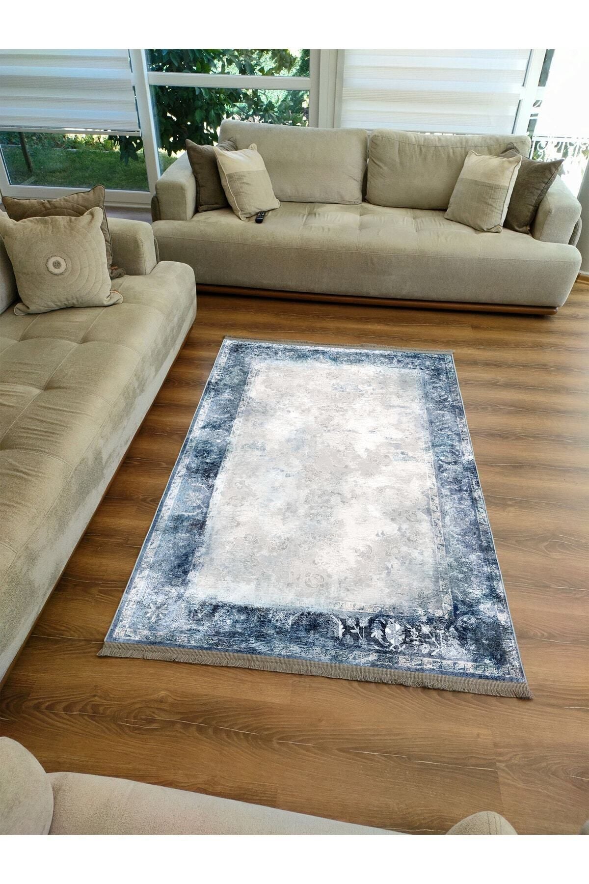 Halı Vagonu Serisi Mavi Krem Tonlarında Etnik Geometrik Desen Kaymaz Taban Şönil Halı