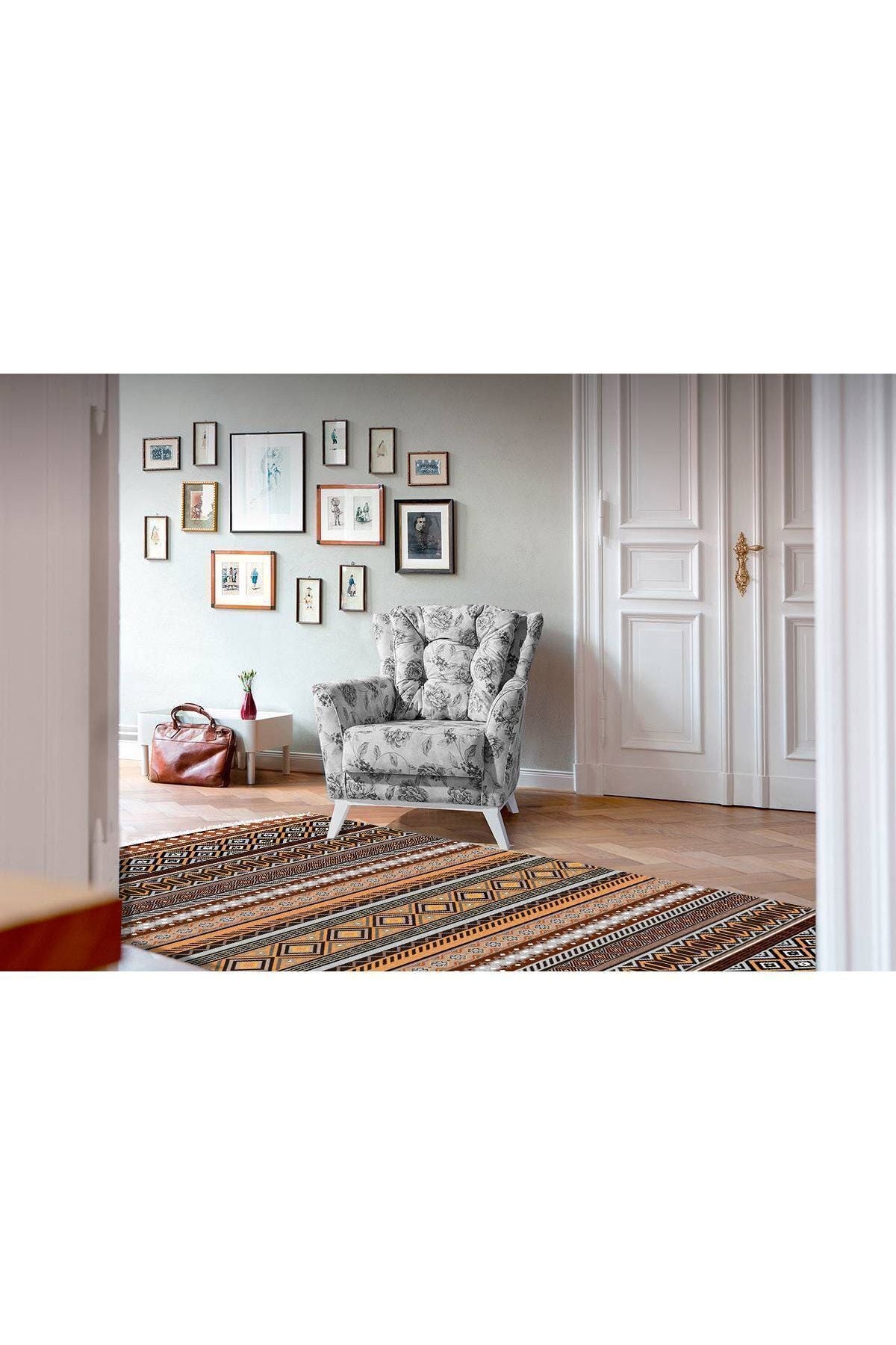 Cotton Serisi Hardal Ve Natural Tonlarında Geometrik Eskitme Desen Dekoratif Dokuma Taban Kilim