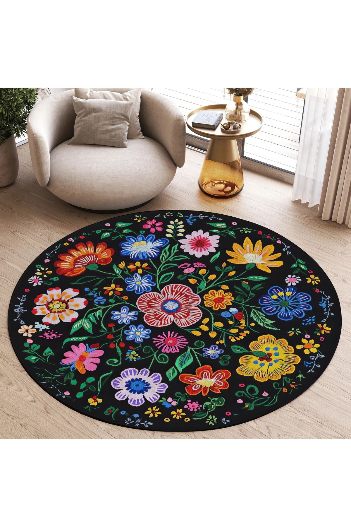 Halı Vagonu 218 Siyah Çiçekli Yuvarlak Dokuma Taban Salon Halısı