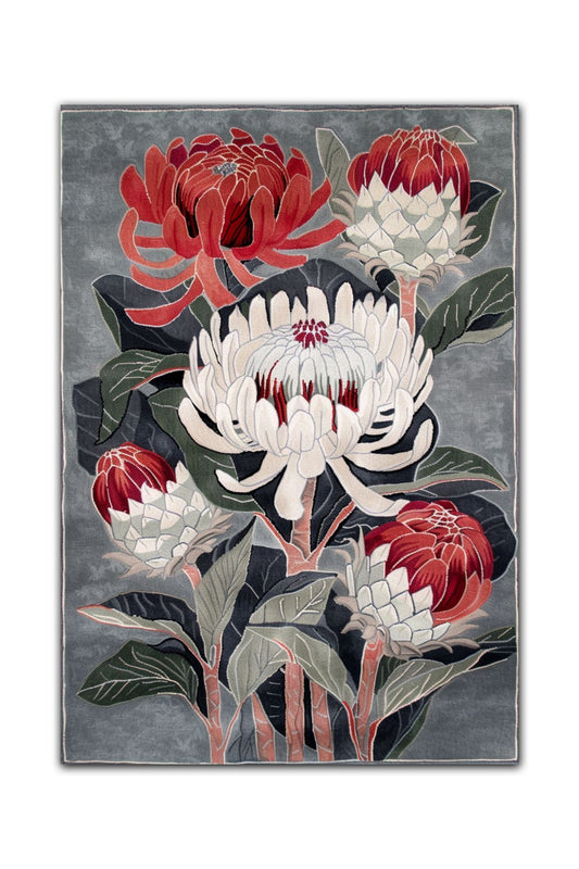 Halı Vagonu 147 Yeşil Kırmızı Büyük Çiçekli Floral Dokuma Taban Halı