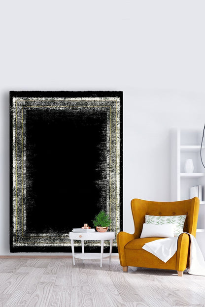 Halı Vagonu 2000 Siyah Bordürlü Klasik Desen Kaymaz Taban Dekoratif Halı