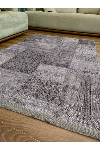 Halı Vagonu 2092 Gri Tonlarında Eskitme Patchwork Desen Kaymaz Taban Dekoratif Halı