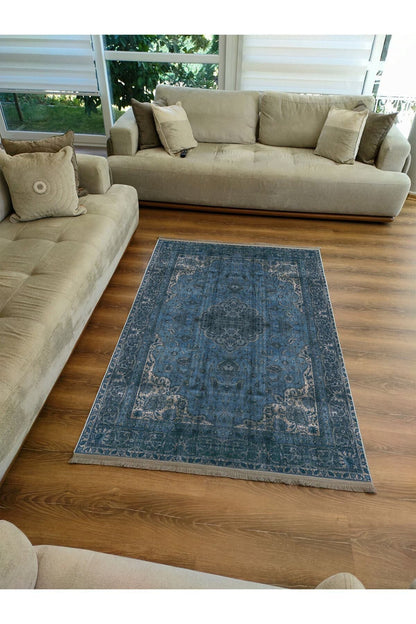 Halı Vagonu Serisi Lacivert Eskitme Antika Desen Kaymaz Taban Şönil Halı