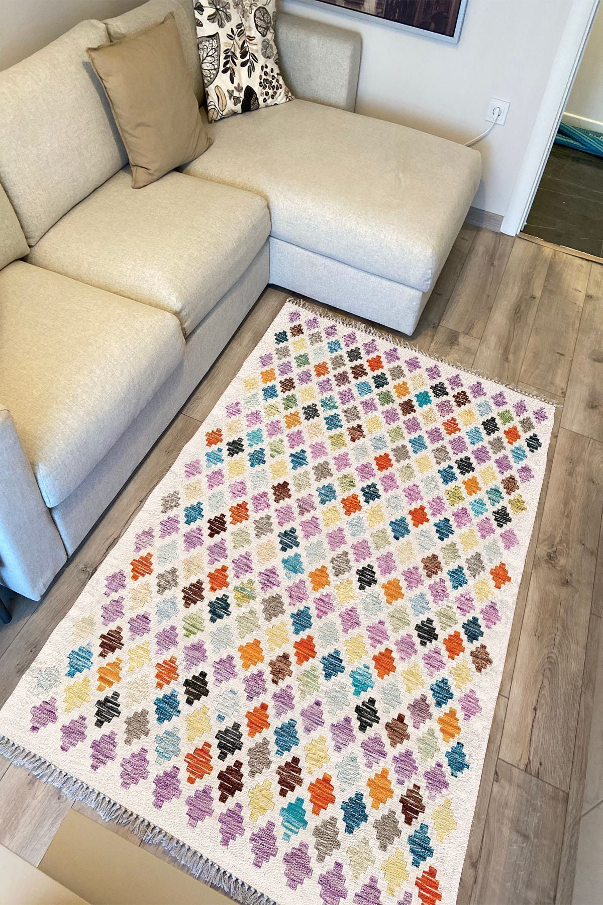 Cotton Kilim 43 Krem Üzerine Geometrik Modern Dekoratif Yıkanabilen Dokuma Kilim