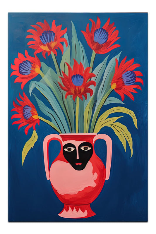 Halı Vagonu 157 Mavi Vazoda Çiçek ve Yüz Figürlü Dokuma Taban Halı