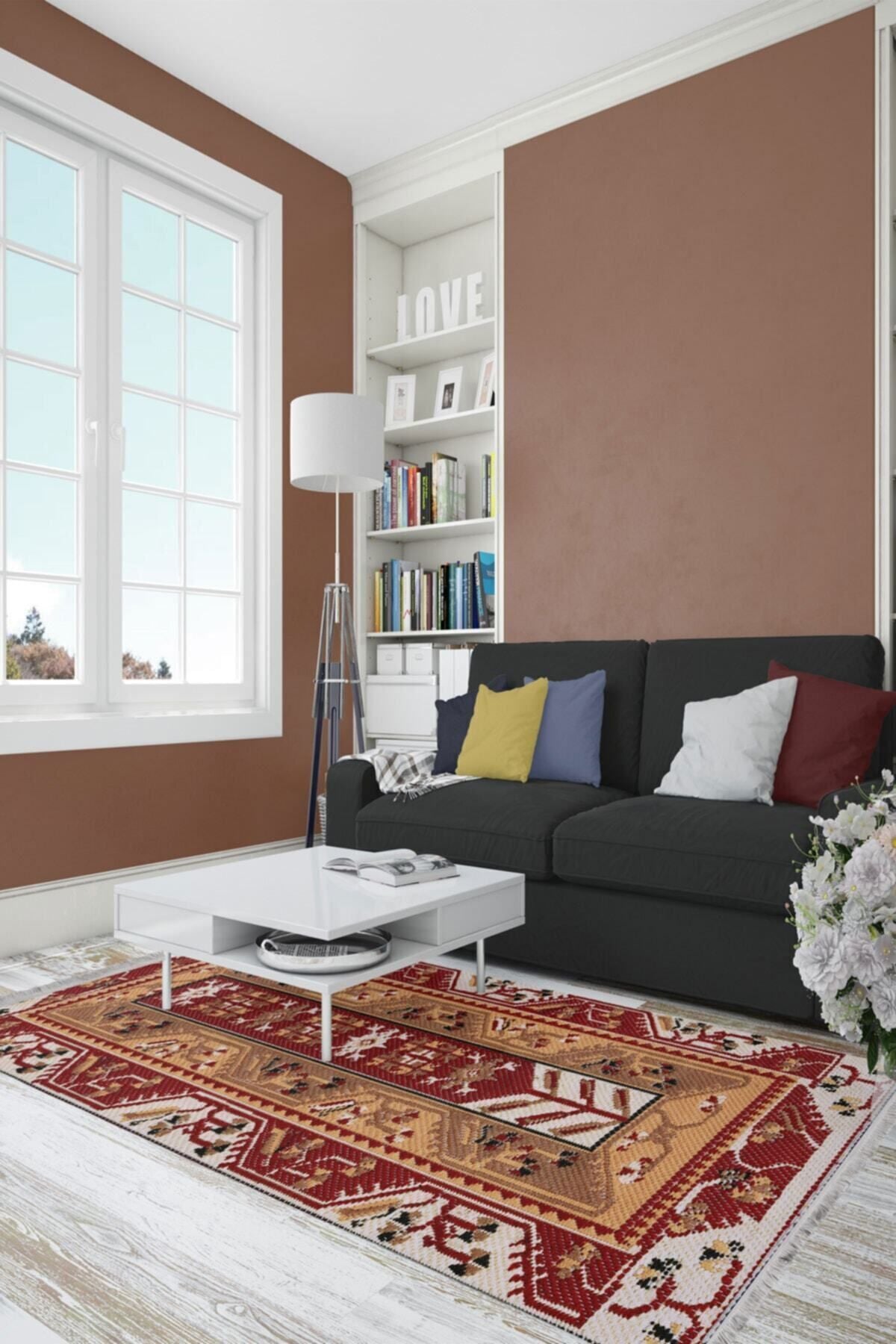 Halı Vagonu Serisi Çiçekli Kırmızı Tonlarda Bordürlü Desen Kaymaz Taban Şönil Halı