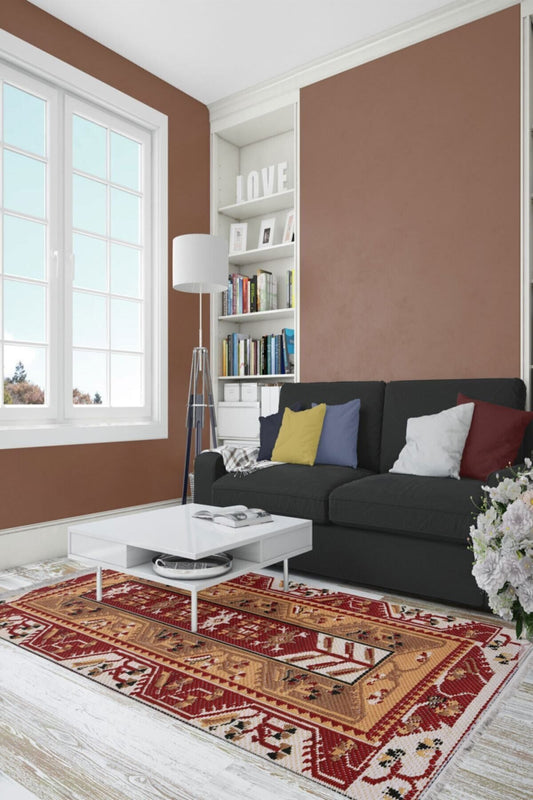 Halı Vagonu Serisi Çiçekli Kırmızı Tonlarda Bordürlü Desen Kaymaz Taban Şönil Halı