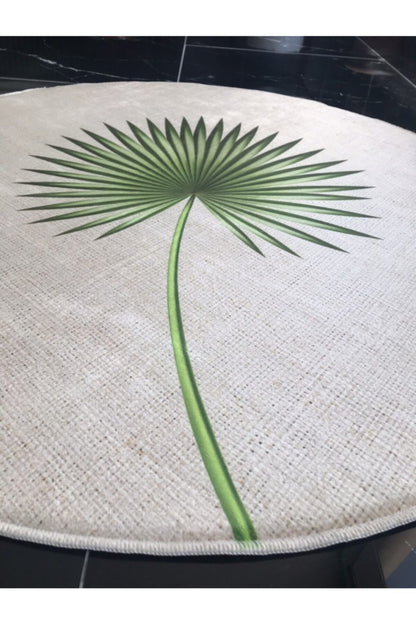 Jüt Efektli Yapraklı Dijital Baskılı Yuvarlak Halı  - Jute1102