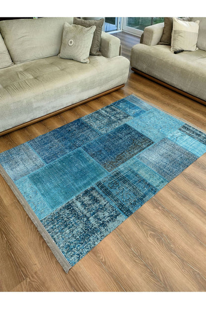 Halı Vagonu Halı 2090 Mavi Tonunda Dekoratif Halı Salon Halısı Saçaklı Yıkanabilen Halı